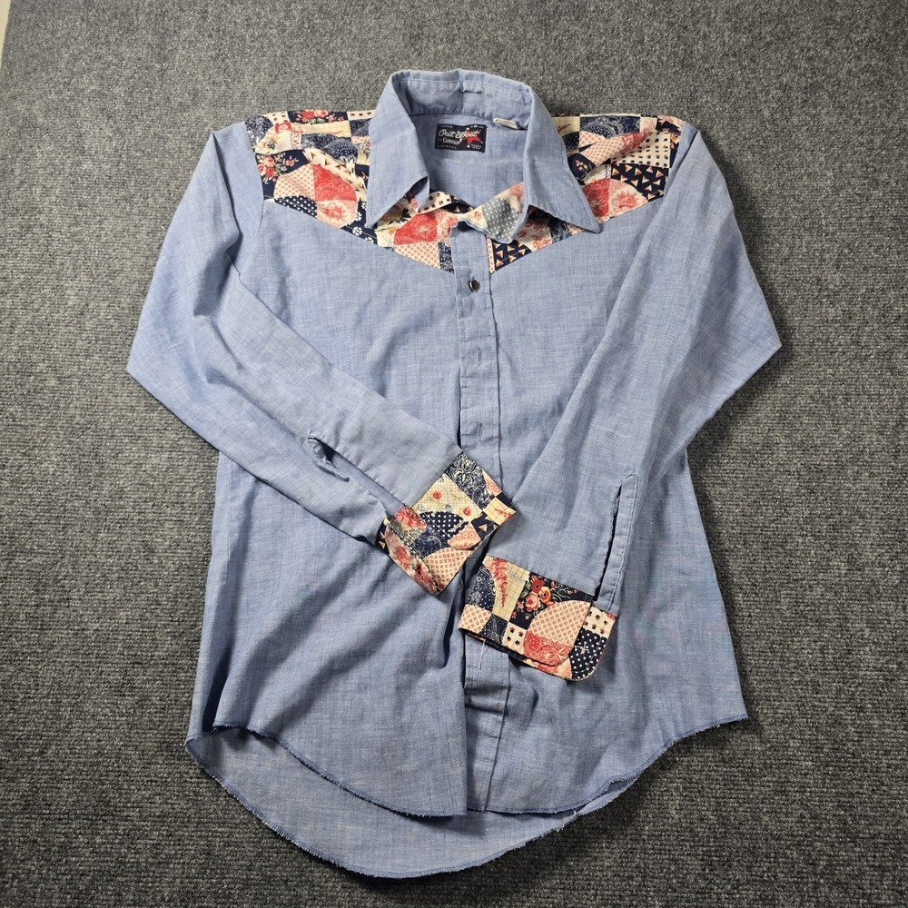 Vintage OutWest By Campus Western Shirt Mens 15 M Blue Patchwork Pearl Snap